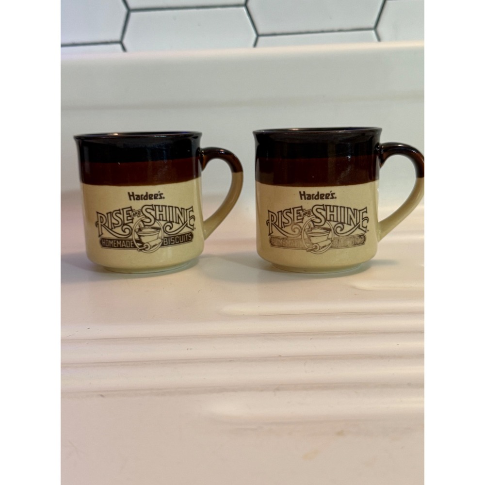 Vintage 1989 Hardees Rise and Shine Homemade Biscuits Coffee Mugs Set of 2 Brown